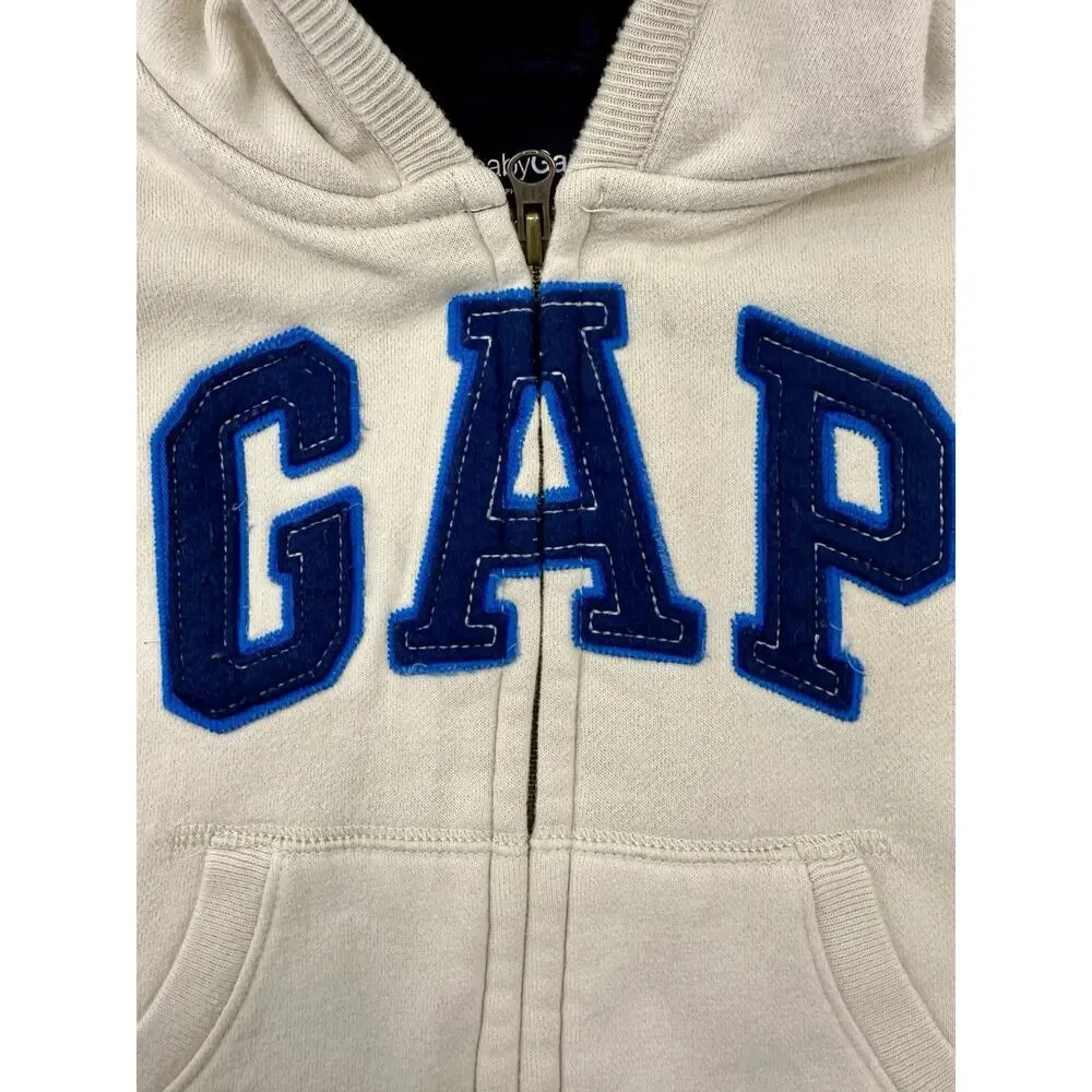 babyGap Toddler 3T Cream Zip Hoodie Blue Logo Letters Fleece‎ Lined EUC